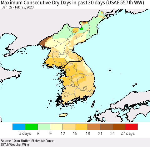 Korea Maximum Consecutive Dry Days in past 30 days (USAF 557th WW) 02/25/2023 Thematic Map For 2/21/2023 - 2/25/2023