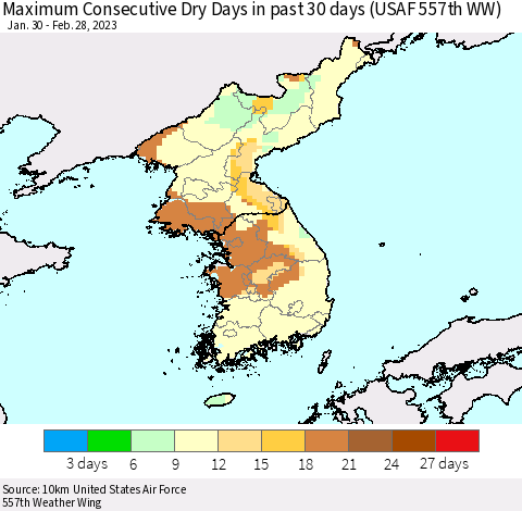 Korea Maximum Consecutive Dry Days in past 30 days (USAF 557th WW) 02/28/2023 Thematic Map For 2/26/2023 - 2/28/2023
