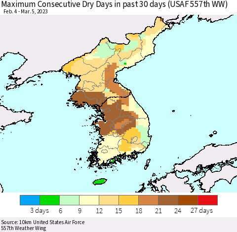 Korea Maximum Consecutive Dry Days in past 30 days (USAF 557th WW) 03/05/2023 Thematic Map For 3/1/2023 - 3/5/2023