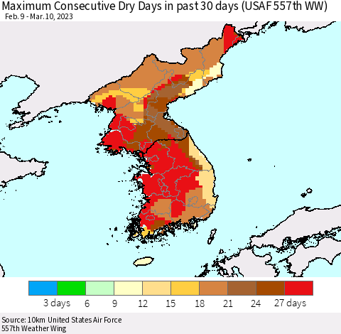 Korea Maximum Consecutive Dry Days in past 30 days (USAF 557th WW) 03/10/2023 Thematic Map For 3/6/2023 - 3/10/2023