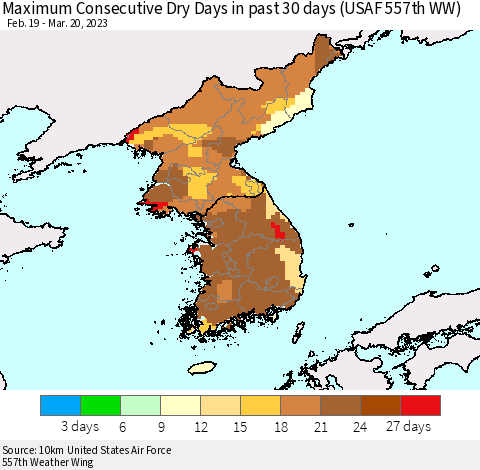 Korea Maximum Consecutive Dry Days in past 30 days (USAF 557th WW) 03/20/2023 Thematic Map For 3/16/2023 - 3/20/2023