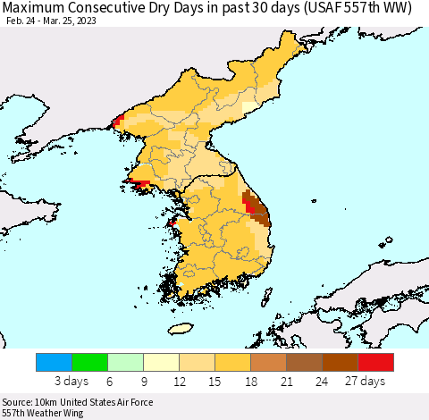 Korea Maximum Consecutive Dry Days in past 30 days (USAF 557th WW) 03/25/2023 Thematic Map For 3/21/2023 - 3/25/2023