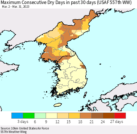 Korea Maximum Consecutive Dry Days in past 30 days (USAF 557th WW) 03/31/2023 Thematic Map For 3/26/2023 - 3/31/2023