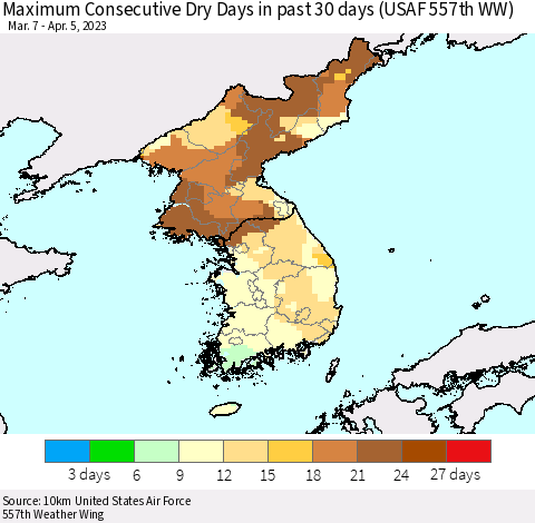 Korea Maximum Consecutive Dry Days in past 30 days (USAF 557th WW) 04/05/2023 Thematic Map For 4/1/2023 - 4/5/2023