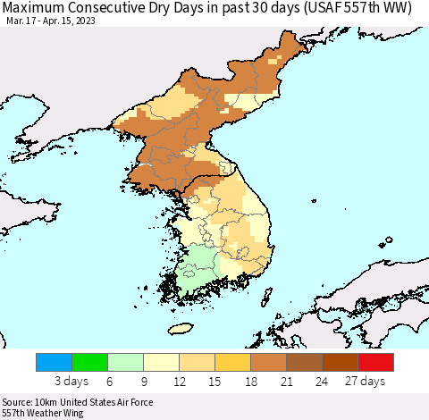 Korea Maximum Consecutive Dry Days in past 30 days (USAF 557th WW) 04/15/2023 Thematic Map For 4/11/2023 - 4/15/2023
