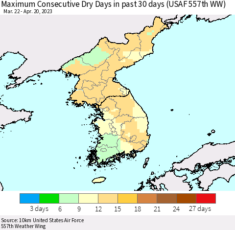 Korea Maximum Consecutive Dry Days in past 30 days (USAF 557th WW) 04/20/2023 Thematic Map For 4/16/2023 - 4/20/2023