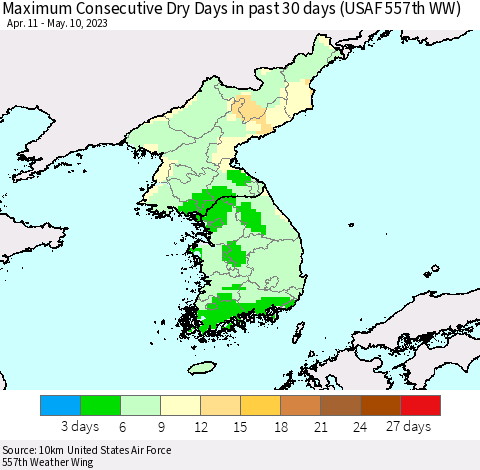 Korea Maximum Consecutive Dry Days in past 30 days (USAF 557th WW) 05/10/2023 Thematic Map For 5/6/2023 - 5/10/2023