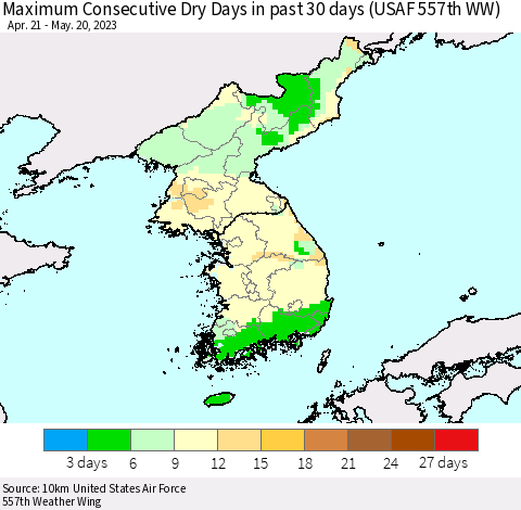 Korea Maximum Consecutive Dry Days in past 30 days (USAF 557th WW) 05/20/2023 Thematic Map For 5/16/2023 - 5/20/2023