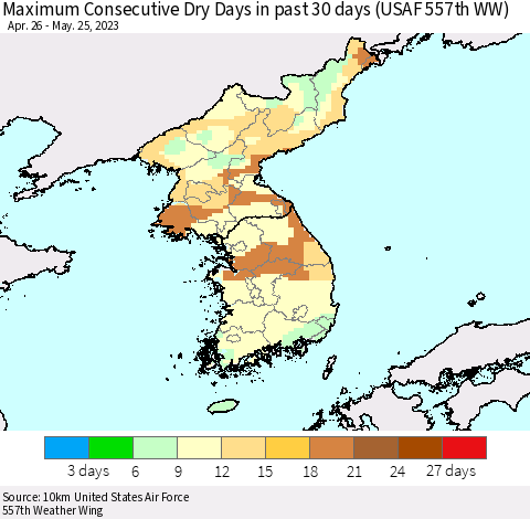 Korea Maximum Consecutive Dry Days in past 30 days (USAF 557th WW) 05/25/2023 Thematic Map For 5/21/2023 - 5/25/2023