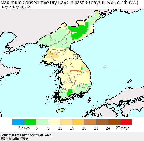 Korea Maximum Consecutive Dry Days in past 30 days (USAF 557th WW) 05/31/2023 Thematic Map For 5/26/2023 - 5/31/2023