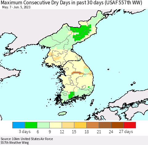 Korea Maximum Consecutive Dry Days in past 30 days (USAF 557th WW) 06/05/2023 Thematic Map For 6/1/2023 - 6/5/2023