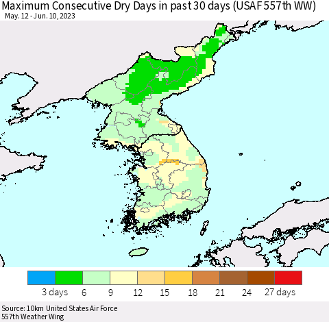 Korea Maximum Consecutive Dry Days in past 30 days (USAF 557th WW) 06/10/2023 Thematic Map For 6/6/2023 - 6/10/2023