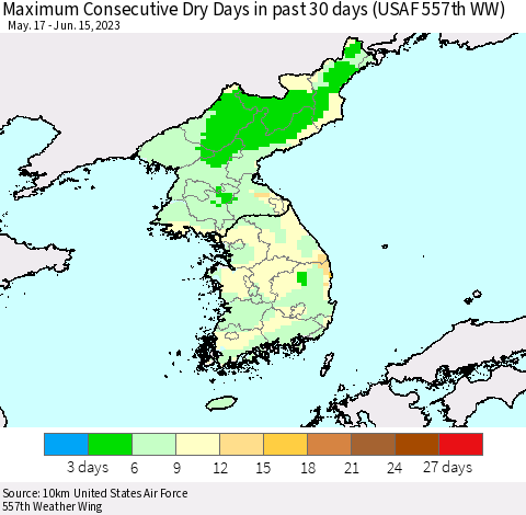 Korea Maximum Consecutive Dry Days in past 30 days (USAF 557th WW) 06/15/2023 Thematic Map For 6/11/2023 - 6/15/2023