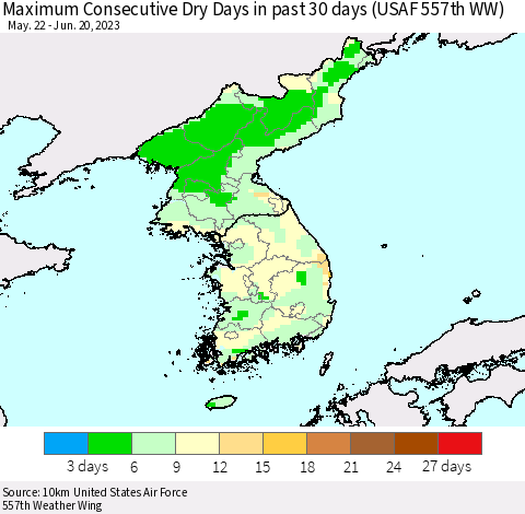 Korea Maximum Consecutive Dry Days in past 30 days (USAF 557th WW) 06/20/2023 Thematic Map For 6/16/2023 - 6/20/2023