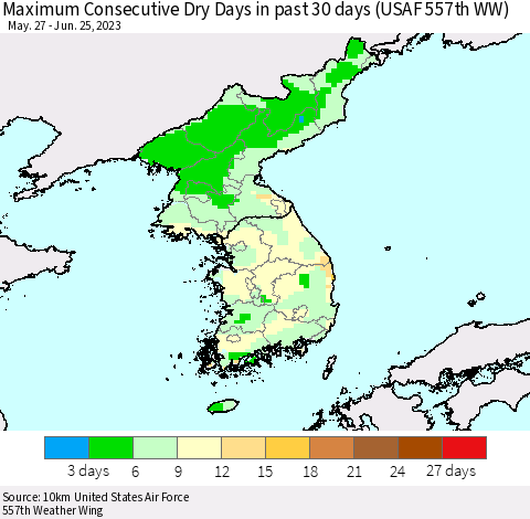 Korea Maximum Consecutive Dry Days in past 30 days (USAF 557th WW) 06/25/2023 Thematic Map For 6/21/2023 - 6/25/2023
