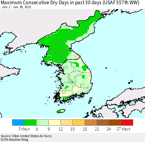 Korea Maximum Consecutive Dry Days in past 30 days (USAF 557th WW) 06/30/2023 Thematic Map For 6/26/2023 - 6/30/2023