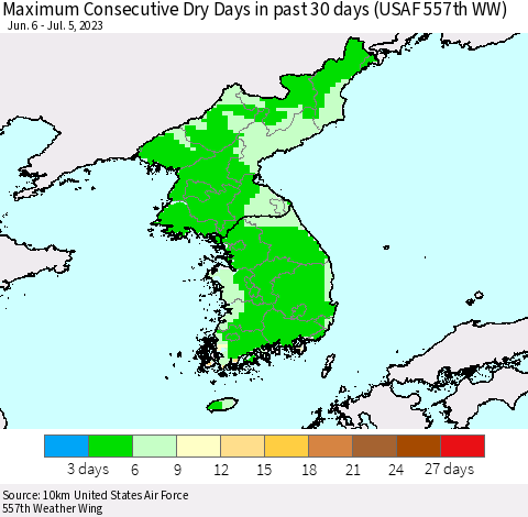 Korea Maximum Consecutive Dry Days in past 30 days (USAF 557th WW) 07/05/2023 Thematic Map For 7/1/2023 - 7/5/2023