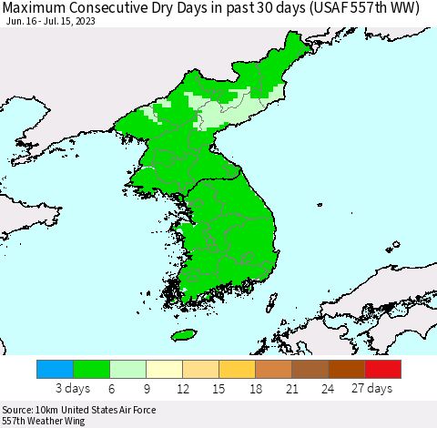Korea Maximum Consecutive Dry Days in past 30 days (USAF 557th WW) 07/15/2023 Thematic Map For 7/11/2023 - 7/15/2023