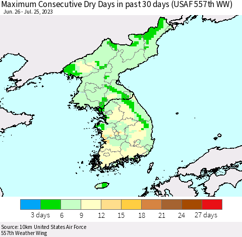 Korea Maximum Consecutive Dry Days in past 30 days (USAF 557th WW) 07/25/2023 Thematic Map For 7/21/2023 - 7/25/2023
