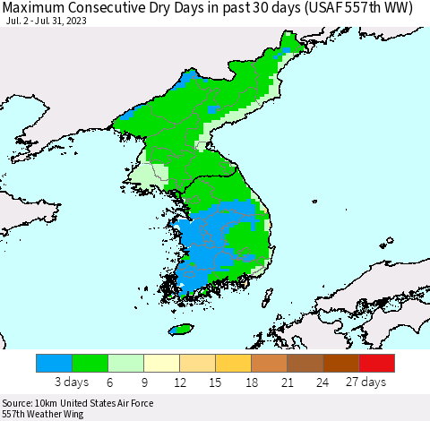 Korea Maximum Consecutive Dry Days in past 30 days (USAF 557th WW) 07/31/2023 Thematic Map For 7/26/2023 - 7/31/2023