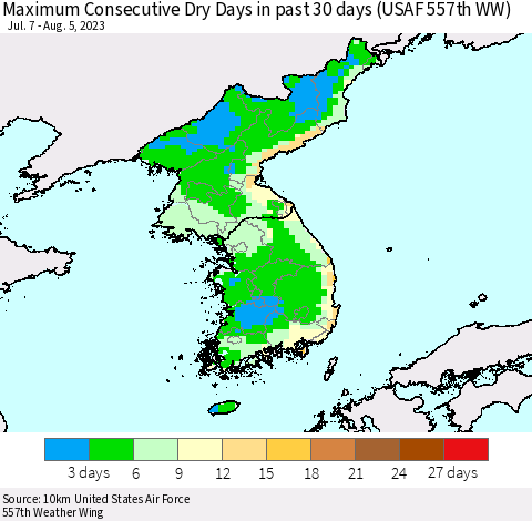 Korea Maximum Consecutive Dry Days in past 30 days (USAF 557th WW) 08/05/2023 Thematic Map For 8/1/2023 - 8/5/2023