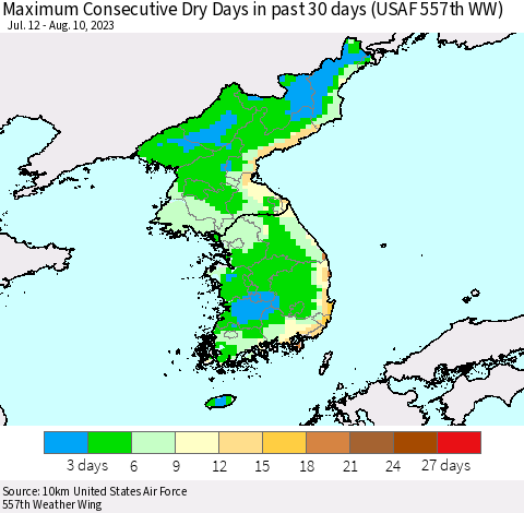 Korea Maximum Consecutive Dry Days in past 30 days (USAF 557th WW) 08/10/2023 Thematic Map For 8/6/2023 - 8/10/2023