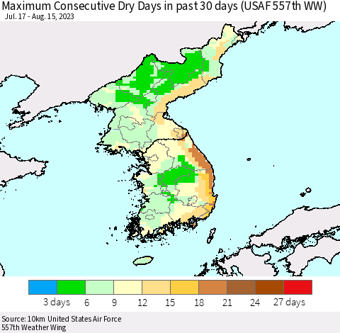 Korea Maximum Consecutive Dry Days in past 30 days (USAF 557th WW) 08/15/2023 Thematic Map For 8/11/2023 - 8/15/2023