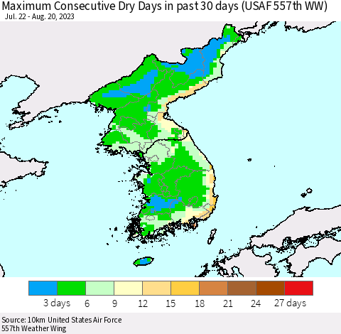 Korea Maximum Consecutive Dry Days in past 30 days (USAF 557th WW) 08/20/2023 Thematic Map For 8/16/2023 - 8/20/2023