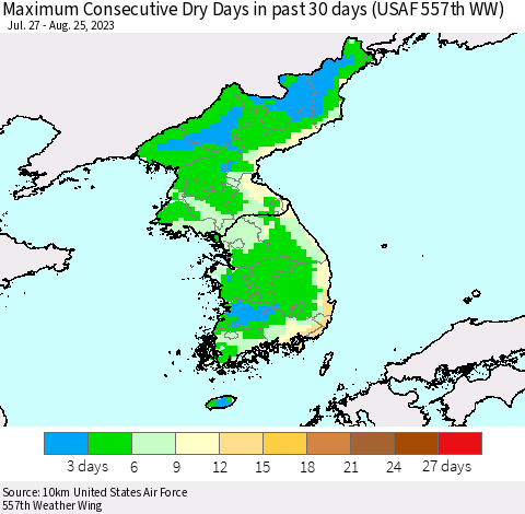 Korea Maximum Consecutive Dry Days in past 30 days (USAF 557th WW) 08/25/2023 Thematic Map For 8/21/2023 - 8/25/2023