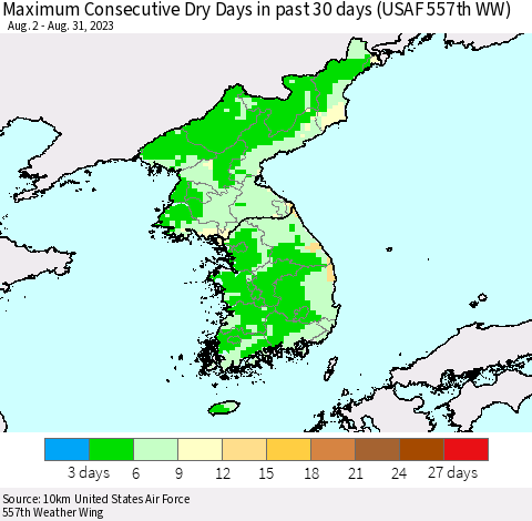 Korea Maximum Consecutive Dry Days in past 30 days (USAF 557th WW) 08/31/2023 Thematic Map For 8/26/2023 - 8/31/2023