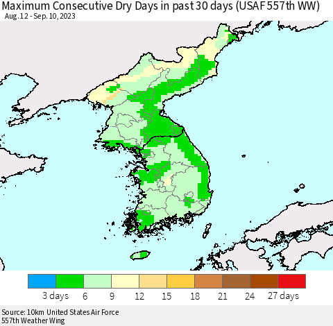 Korea Maximum Consecutive Dry Days in past 30 days (USAF 557th WW) 09/10/2023 Thematic Map For 9/6/2023 - 9/10/2023
