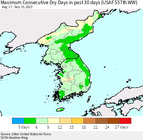 Korea Maximum Consecutive Dry Days in past 30 days (USAF 557th WW) 09/15/2023 Thematic Map For 9/11/2023 - 9/15/2023