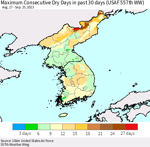 Korea Maximum Consecutive Dry Days in past 30 days (USAF 557th WW) 09/25/2023 Thematic Map For 9/21/2023 - 9/25/2023