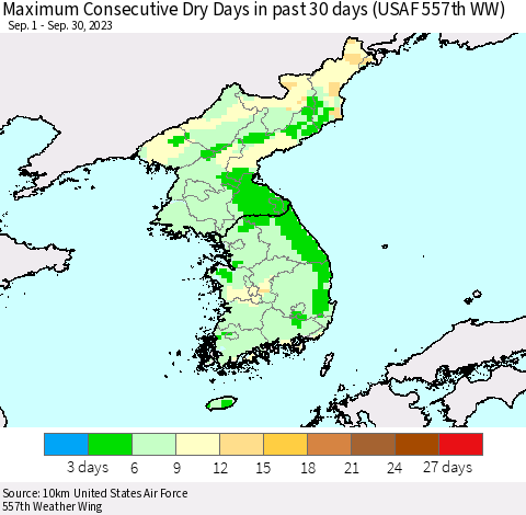 Korea Maximum Consecutive Dry Days in past 30 days (USAF 557th WW) 09/30/2023 Thematic Map For 9/26/2023 - 9/30/2023