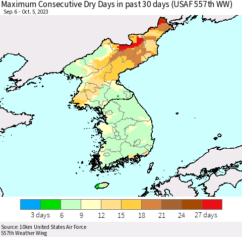 Korea Maximum Consecutive Dry Days in past 30 days (USAF 557th WW) 10/05/2023 Thematic Map For 10/1/2023 - 10/5/2023