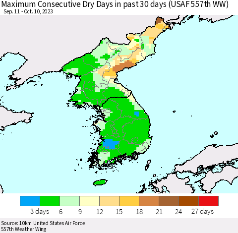 Korea Maximum Consecutive Dry Days in past 30 days (USAF 557th WW) 10/10/2023 Thematic Map For 10/6/2023 - 10/10/2023