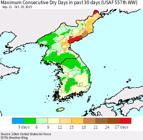 Korea Maximum Consecutive Dry Days in past 30 days (USAF 557th WW) 10/20/2023 Thematic Map For 10/16/2023 - 10/20/2023