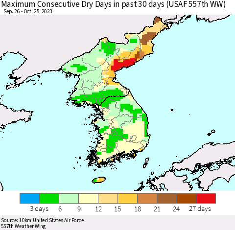 Korea Maximum Consecutive Dry Days in past 30 days (USAF 557th WW) 10/25/2023 Thematic Map For 10/21/2023 - 10/25/2023