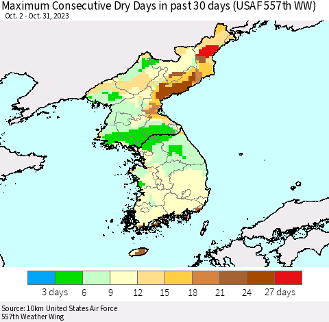 Korea Maximum Consecutive Dry Days in past 30 days (USAF 557th WW) 10/31/2023 Thematic Map For 10/26/2023 - 10/31/2023