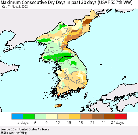 Korea Maximum Consecutive Dry Days in past 30 days (USAF 557th WW) 11/05/2023 Thematic Map For 11/1/2023 - 11/5/2023