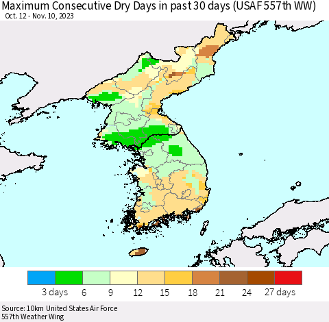 Korea Maximum Consecutive Dry Days in past 30 days (USAF 557th WW) 11/10/2023 Thematic Map For 11/6/2023 - 11/10/2023