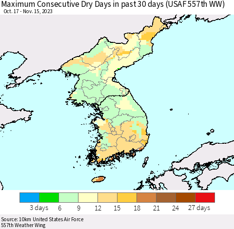 Korea Maximum Consecutive Dry Days in past 30 days (USAF 557th WW) 11/15/2023 Thematic Map For 11/11/2023 - 11/15/2023