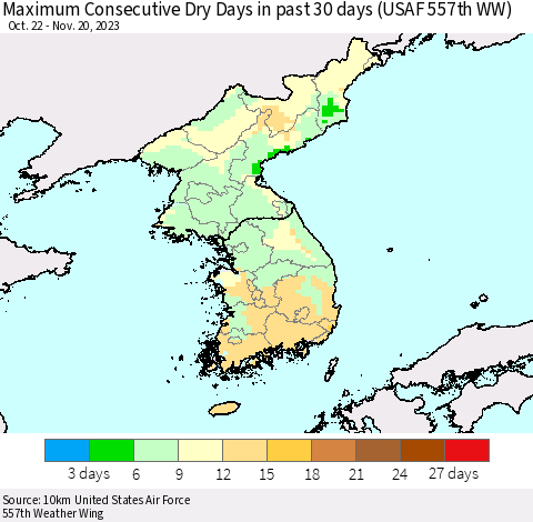 Korea Maximum Consecutive Dry Days in past 30 days (USAF 557th WW) 11/20/2023 Thematic Map For 11/16/2023 - 11/20/2023