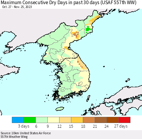 Korea Maximum Consecutive Dry Days in past 30 days (USAF 557th WW) 11/25/2023 Thematic Map For 11/21/2023 - 11/25/2023