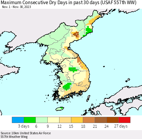 Korea Maximum Consecutive Dry Days in past 30 days (USAF 557th WW) 11/30/2023 Thematic Map For 11/26/2023 - 11/30/2023