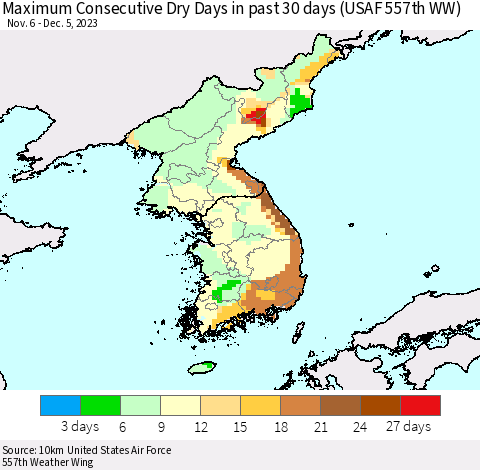 Korea Maximum Consecutive Dry Days in past 30 days (USAF 557th WW) 12/05/2023 Thematic Map For 12/1/2023 - 12/5/2023