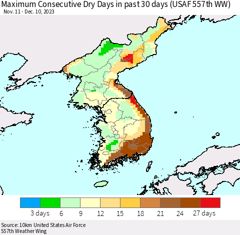 Korea Maximum Consecutive Dry Days in past 30 days (USAF 557th WW) 12/10/2023 Thematic Map For 12/6/2023 - 12/10/2023