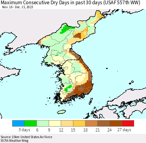 Korea Maximum Consecutive Dry Days in past 30 days (USAF 557th WW) 12/15/2023 Thematic Map For 12/11/2023 - 12/15/2023