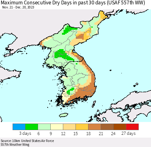 Korea Maximum Consecutive Dry Days in past 30 days (USAF 557th WW) 12/20/2023 Thematic Map For 12/16/2023 - 12/20/2023