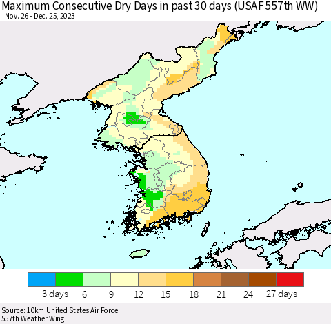 Korea Maximum Consecutive Dry Days in past 30 days (USAF 557th WW) 12/25/2023 Thematic Map For 12/21/2023 - 12/25/2023